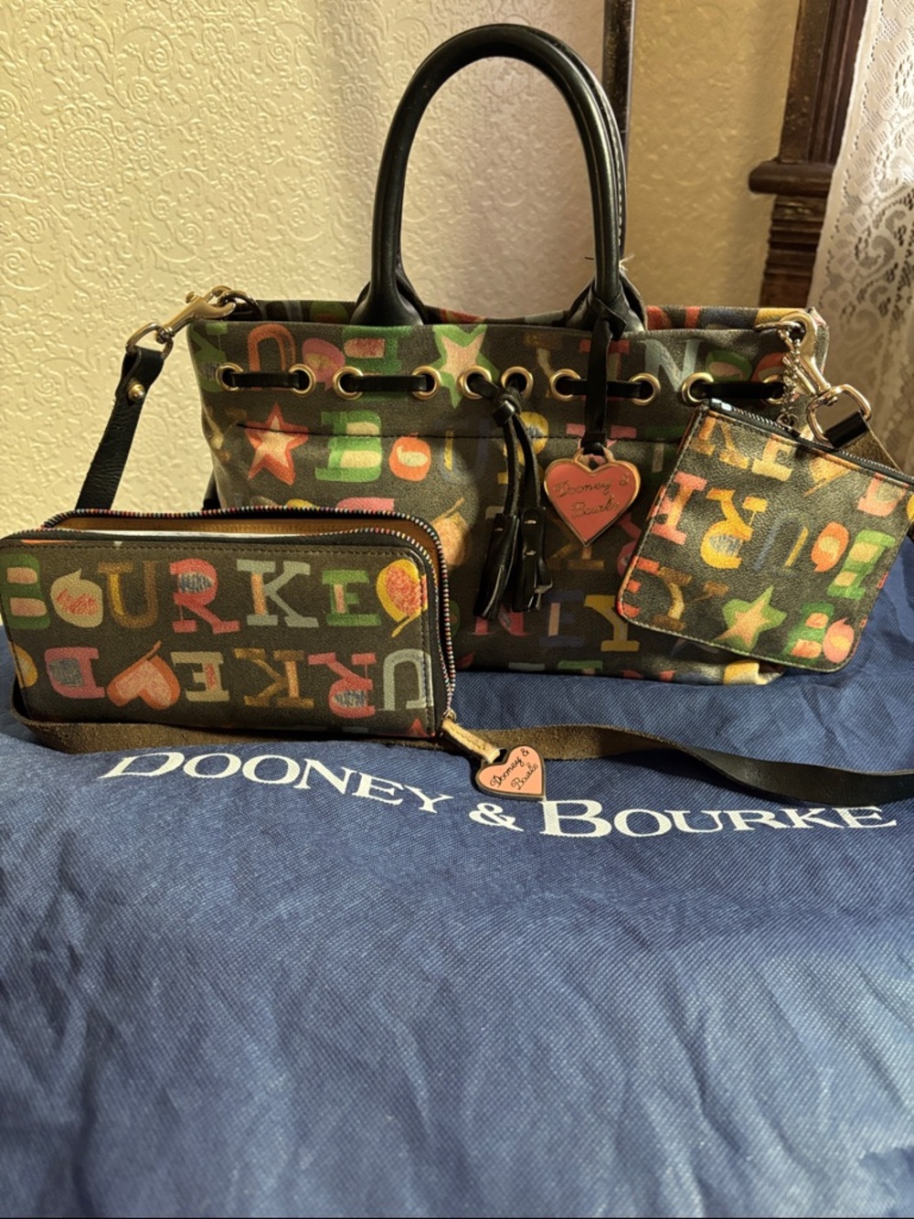 Dooney Bourke 3 pc Rainbow Doodle  satchel vintage Highly collectible Set